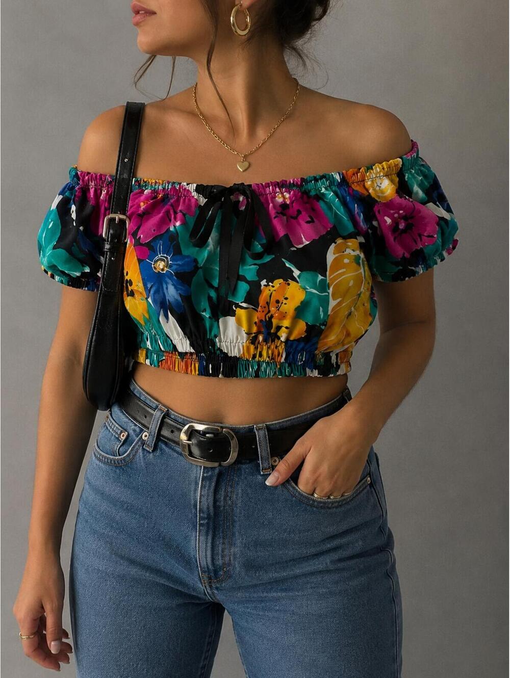 Byer California Large Tropical Floral Off Shoulder Crop Top Y2K USA